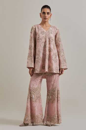 Buy_Kavita Bhartia_Pink Organza Embroidery, Sequins, Beads, Hand Embellished Kurta Palazzo Set _Online_at_Aza_Fashions