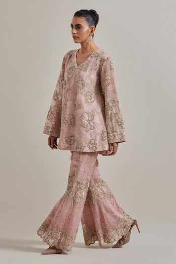 Shop_Kavita Bhartia_Pink Organza Embroidery, Sequins, Beads, Hand Embellished Kurta Palazzo Set _Online_at_Aza_Fashions