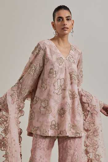 Kavita Bhartia_Pink Organza Embroidery, Sequins, Beads, Hand Embellished Kurta Palazzo Set _at_Aza_Fashions