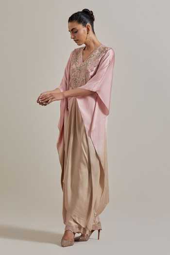 Kavita Bhartia Pink Satin, Tissue V-neck Hand Embellished Kaftan And Pant Set Online at Aza Fashions Kavita Bhartia_Pink Satin, Tissue V-neck Hand Embellished Kaftan And Pant Set _Online_at_Aza_Fashions