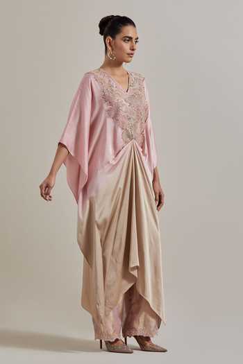Buy Kavita Bhartia Pink Satin, Tissue V-neck Hand Embellished Kaftan And Pant Set Online at Aza Fashions Buy_Kavita Bhartia_Pink Satin, Tissue V-neck Hand Embellished Kaftan And Pant Set _Online_at_Aza_Fashions