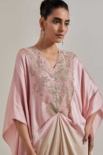 Shop Kavita Bhartia Pink Satin, Tissue V-neck Hand Embellished Kaftan And Pant Set Online at Aza Fashions Shop_Kavita Bhartia_Pink Satin, Tissue V-neck Hand Embellished Kaftan And Pant Set _Online_at_Aza_Fashions