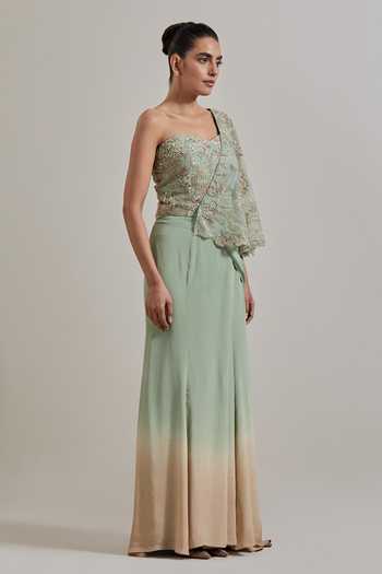Kavita Bhartia Green Organza, Crepe Bandeau Neck Pre-draped Saree And Embroidered Blouse Set Online at Aza Fashions Kavita Bhartia_Green Organza, Crepe Bandeau Neck Pre-draped Saree And Embroidered Blouse Set _Online_at_Aza_Fashions