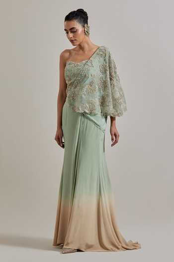 Buy Kavita Bhartia Green Organza, Crepe Bandeau Neck Pre-draped Saree And Embroidered Blouse Set Online at Aza Fashions Buy_Kavita Bhartia_Green Organza, Crepe Bandeau Neck Pre-draped Saree And Embroidered Blouse Set _Online_at_Aza_Fashions