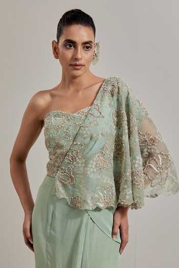 Shop Kavita Bhartia Green Organza, Crepe Bandeau Neck Pre-draped Saree And Embroidered Blouse Set Online at Aza Fashions Shop_Kavita Bhartia_Green Organza, Crepe Bandeau Neck Pre-draped Saree And Embroidered Blouse Set _Online_at_Aza_Fashions