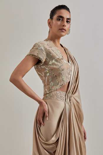 Buy Kavita Bhartia Pink Satin, Net V-neck Pre-draped Saree And Embellished Blouse Set Online at Aza Fashions Buy_Kavita Bhartia_Pink Satin, Net V-neck Pre-draped Saree And Embellished Blouse Set _Online_at_Aza_Fashions