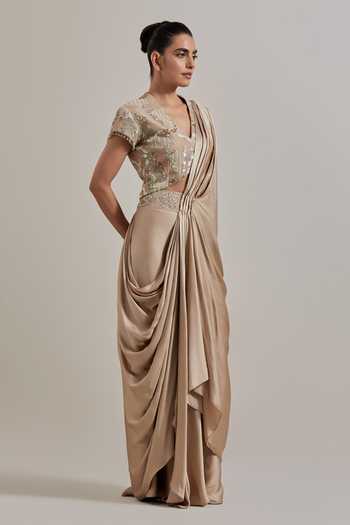 Shop Kavita Bhartia Pink Satin, Net V-neck Pre-draped Saree And Embellished Blouse Set Online at Aza Fashions Shop_Kavita Bhartia_Pink Satin, Net V-neck Pre-draped Saree And Embellished Blouse Set _Online_at_Aza_Fashions