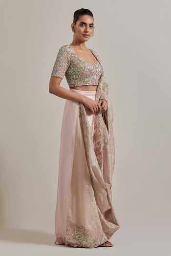 Kavita Bhartia Pink Net, Satin Sweetheart Neck Pre-draped Saree And Embroidered Blouse Set Online at Aza Fashions Kavita Bhartia_Pink Net, Satin Sweetheart Neck Pre-draped Saree And Embroidered Blouse Set _Online_at_Aza_Fashions