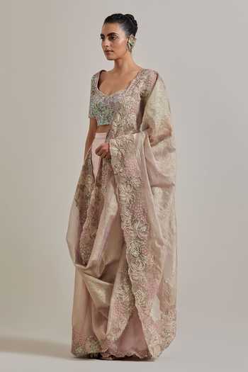 Buy Kavita Bhartia Pink Net, Satin Sweetheart Neck Pre-draped Saree And Embroidered Blouse Set Online at Aza Fashions Buy_Kavita Bhartia_Pink Net, Satin Sweetheart Neck Pre-draped Saree And Embroidered Blouse Set _Online_at_Aza_Fashions