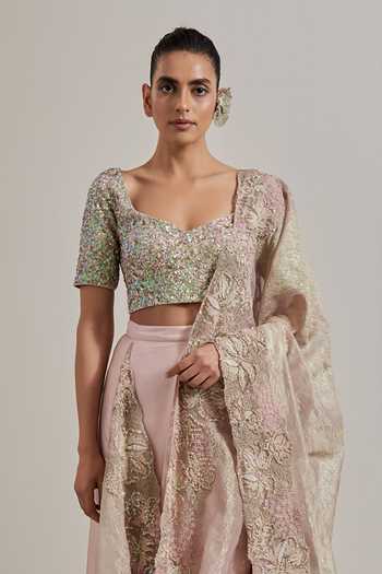 Shop Kavita Bhartia Pink Net, Satin Sweetheart Neck Pre-draped Saree And Embroidered Blouse Set Online at Aza Fashions Shop_Kavita Bhartia_Pink Net, Satin Sweetheart Neck Pre-draped Saree And Embroidered Blouse Set _Online_at_Aza_Fashions