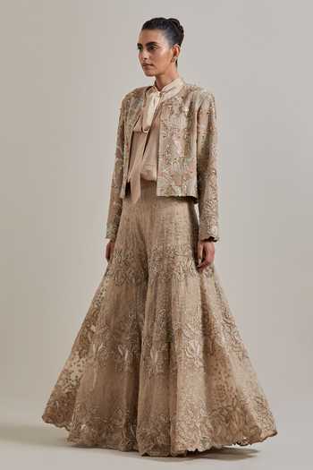 Shop Kavita Bhartia Pink Organza, Satin Open , High Hand Embellished Jacket Sharara Set Online at Aza Fashions Shop_Kavita Bhartia_Pink Organza, Satin Open , High Hand Embellished Jacket Sharara Set _Online_at_Aza_Fashions