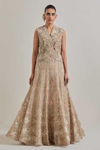 Kavita Bhartia_Gold Organza, Net V-neck Hand Embellished Jacket And Skirt Set _Online_at_Aza_Fashions