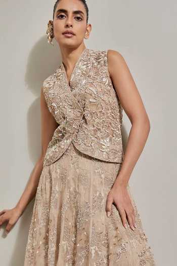 Buy_Kavita Bhartia_Gold Organza, Net V-neck Hand Embellished Jacket And Skirt Set _Online_at_Aza_Fashions