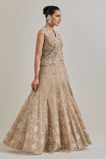 Shop_Kavita Bhartia_Gold Organza, Net V-neck Hand Embellished Jacket And Skirt Set _Online_at_Aza_Fashions