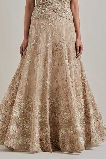 Kavita Bhartia_Gold Organza, Net V-neck Hand Embellished Jacket And Skirt Set _at_Aza_Fashions