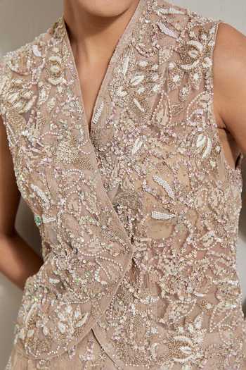Buy_Kavita Bhartia_Gold Organza, Net V-neck Hand Embellished Jacket And Skirt Set 