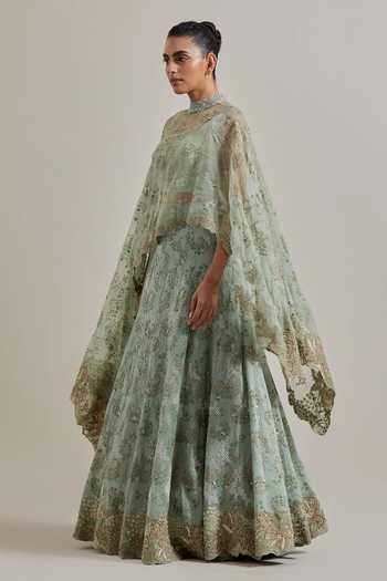 Kavita Bhartia_Green Organza, Chanderi Silk High Neck Sheer Cape And Skirt Set _Online_at_Aza_Fashions