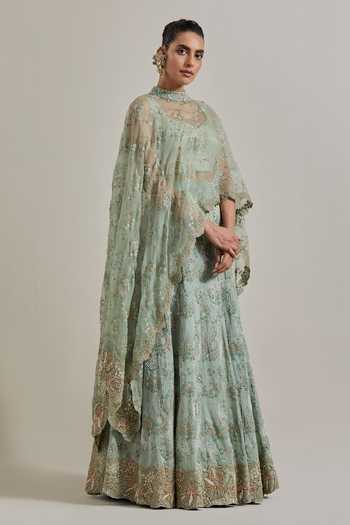 Buy_Kavita Bhartia_Green Organza, Chanderi Silk High Neck Sheer Cape And Skirt Set _Online_at_Aza_Fashions