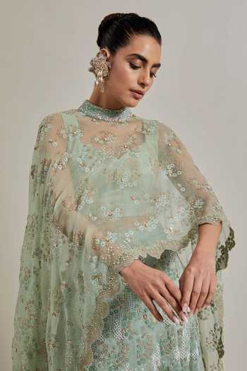 Shop_Kavita Bhartia_Green Organza, Chanderi Silk High Neck Sheer Cape And Skirt Set _Online_at_Aza_Fashions