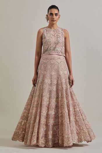 Buy Kavita Bhartia Pink Organza, Net Round Neck Hand Embellished Lehenga Set Buy_Kavita Bhartia_Pink Organza, Net Round Neck Hand Embellished Lehenga Set