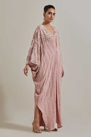 Kavita Bhartia_Pink Crepe V-neck Hand Embellishment Kaftan _Online_at_Aza_Fashions