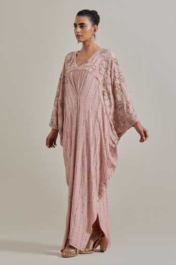 Buy_Kavita Bhartia_Pink Crepe V-neck Hand Embellishment Kaftan _Online_at_Aza_Fashions