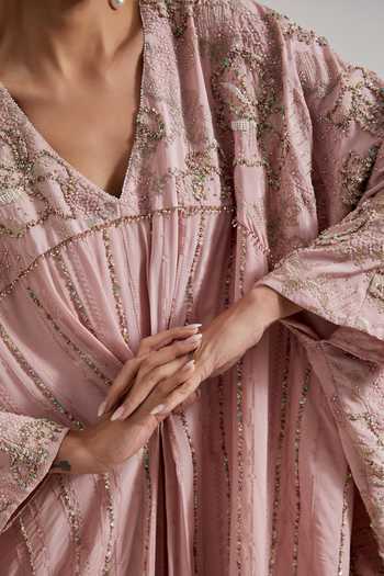Shop_Kavita Bhartia_Pink Crepe V-neck Hand Embellishment Kaftan _Online_at_Aza_Fashions