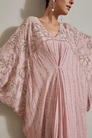 Kavita Bhartia_Pink Crepe V-neck Hand Embellishment Kaftan _at_Aza_Fashions