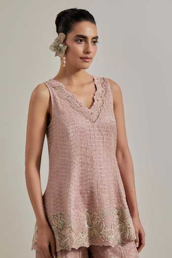 Kavita Bhartia Pink Organza, Net V-neck Hand Embellished Kurta Sharara Set Online at Aza Fashions Kavita Bhartia_Pink Organza, Net V-neck Hand Embellished Kurta Sharara Set _Online_at_Aza_Fashions