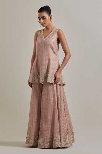 Shop Kavita Bhartia Pink Organza, Net V-neck Hand Embellished Kurta Sharara Set Online at Aza Fashions Shop_Kavita Bhartia_Pink Organza, Net V-neck Hand Embellished Kurta Sharara Set _Online_at_Aza_Fashions