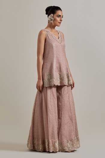 Buy Kavita Bhartia Pink Organza, Net V-neck Hand Embellished Kurta Sharara Set Buy_Kavita Bhartia_Pink Organza, Net V-neck Hand Embellished Kurta Sharara Set