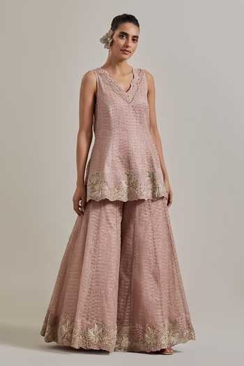 Shop Kavita Bhartia Pink Organza, Net V-neck Hand Embellished Kurta Sharara Set Shop_Kavita Bhartia_Pink Organza, Net V-neck Hand Embellished Kurta Sharara Set