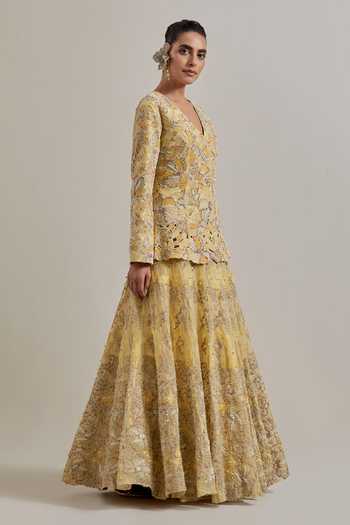 Kavita Bhartia Yellow Organza V-neck Hand Embellished Jacket And Skirt Set Online at Aza Fashions Kavita Bhartia_Yellow Organza V-neck Hand Embellished Jacket And Skirt Set _Online_at_Aza_Fashions