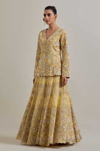 Buy Kavita Bhartia Yellow Organza V-neck Hand Embellished Jacket And Skirt Set Online at Aza Fashions Buy_Kavita Bhartia_Yellow Organza V-neck Hand Embellished Jacket And Skirt Set _Online_at_Aza_Fashions