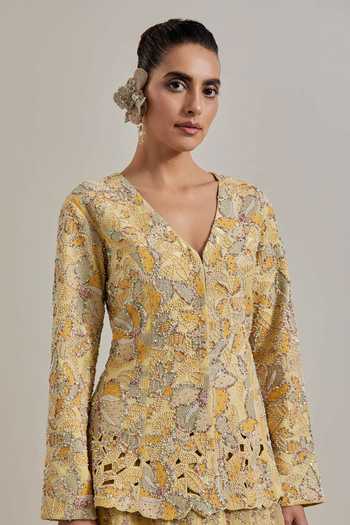 Shop Kavita Bhartia Yellow Organza V-neck Hand Embellished Jacket And Skirt Set Online at Aza Fashions Shop_Kavita Bhartia_Yellow Organza V-neck Hand Embellished Jacket And Skirt Set _Online_at_Aza_Fashions