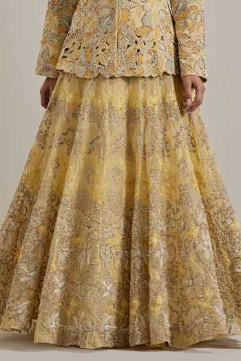 Buy Kavita Bhartia Yellow Organza V-neck Hand Embellished Jacket And Skirt Set Buy_Kavita Bhartia_Yellow Organza V-neck Hand Embellished Jacket And Skirt Set