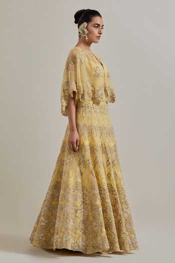 Kavita Bhartia Yellow Organza Round , Keyhole Hand Embellished Cape And Skirt Set Online at Aza Fashions Kavita Bhartia_Yellow Organza Round , Keyhole Hand Embellished Cape And Skirt Set _Online_at_Aza_Fashions