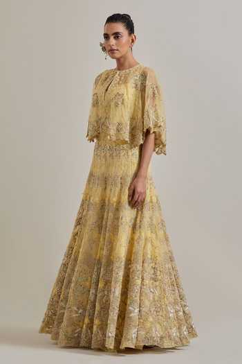Buy Kavita Bhartia Yellow Organza Round , Keyhole Hand Embellished Cape And Skirt Set Online at Aza Fashions Buy_Kavita Bhartia_Yellow Organza Round , Keyhole Hand Embellished Cape And Skirt Set _Online_at_Aza_Fashions