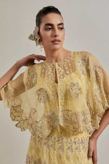 Shop Kavita Bhartia Yellow Organza Round , Keyhole Hand Embellished Cape And Skirt Set Online at Aza Fashions Shop_Kavita Bhartia_Yellow Organza Round , Keyhole Hand Embellished Cape And Skirt Set _Online_at_Aza_Fashions