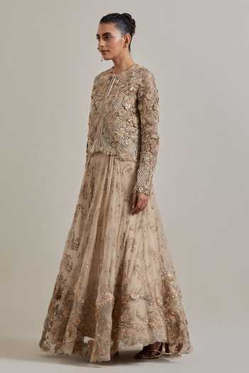Kavita Bhartia Pink Organza, Net Round Neck Hand Embellished Jacket And Skirt Set Online at Aza Fashions Kavita Bhartia_Pink Organza, Net Round Neck Hand Embellished Jacket And Skirt Set _Online_at_Aza_Fashions