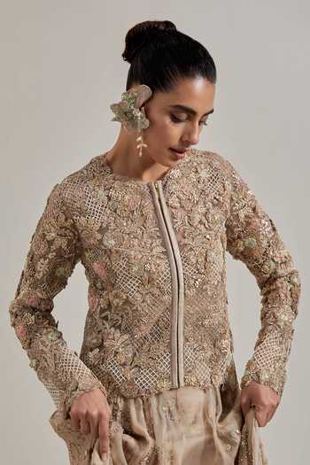 Shop Kavita Bhartia Pink Organza, Net Round Neck Hand Embellished Jacket And Skirt Set Online at Aza Fashions Shop_Kavita Bhartia_Pink Organza, Net Round Neck Hand Embellished Jacket And Skirt Set _Online_at_Aza_Fashions