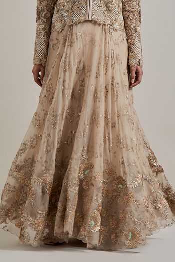 Kavita Bhartia Pink Organza, Net Round Neck Hand Embellished Jacket And Skirt Set at Aza Fashions Kavita Bhartia_Pink Organza, Net Round Neck Hand Embellished Jacket And Skirt Set _at_Aza_Fashions