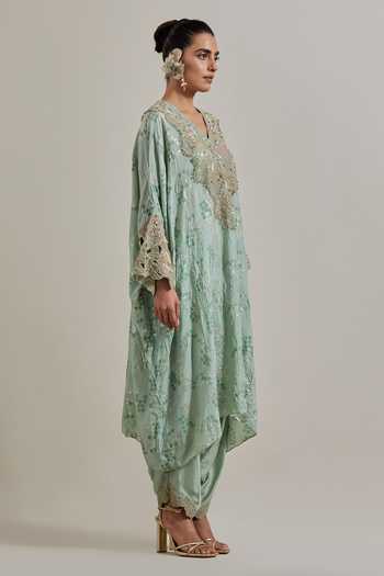 Kavita Bhartia Green Silk V-neck Kaftan And Pant Set Online at Aza Fashions Kavita Bhartia_Green Silk V-neck Kaftan And Pant Set _Online_at_Aza_Fashions