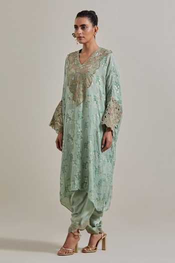 Buy Kavita Bhartia Green Silk V-neck Kaftan And Pant Set Online at Aza Fashions Buy_Kavita Bhartia_Green Silk V-neck Kaftan And Pant Set _Online_at_Aza_Fashions