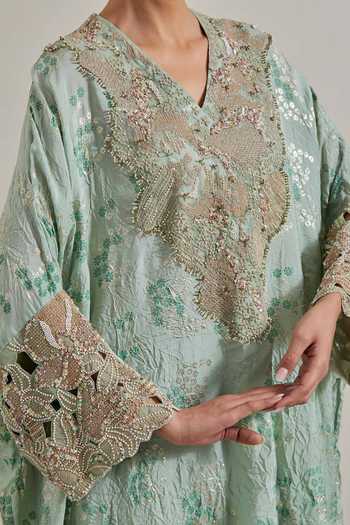 Shop Kavita Bhartia Green Silk V-neck Kaftan And Pant Set Online at Aza Fashions Shop_Kavita Bhartia_Green Silk V-neck Kaftan And Pant Set _Online_at_Aza_Fashions