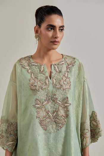 Kavita Bhartia Green Tissue Keyhole Neck Hand Embellished Kurta And Pant Set Online at Aza Fashions Kavita Bhartia_Green Tissue Keyhole Neck Hand Embellished Kurta And Pant Set _Online_at_Aza_Fashions