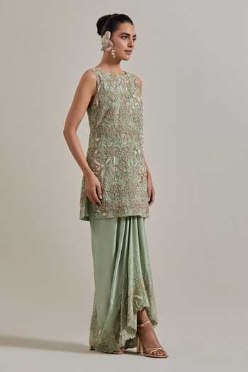 Kavita Bhartia_Green Satin, Net Round Neck Hand Embellished Kurta And Skirt Set _Online_at_Aza_Fashions