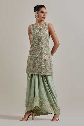 Buy_Kavita Bhartia_Green Satin, Net Round Neck Hand Embellished Kurta And Skirt Set _Online_at_Aza_Fashions