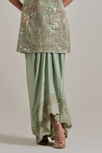 Shop_Kavita Bhartia_Green Satin, Net Round Neck Hand Embellished Kurta And Skirt Set _Online_at_Aza_Fashions