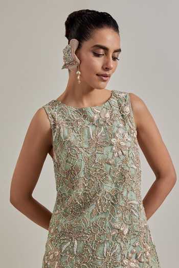 Kavita Bhartia_Green Satin, Net Round Neck Hand Embellished Kurta And Skirt Set _at_Aza_Fashions